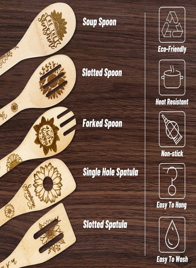 Eartim Sunflower Wooden Spoon Utensils - 5Pcs Summer Sunflower Theme Kitchen Cooking Utensil Set Natural Non-Stick Carve Burned Bamboo Cooking Spoon Slotted Spatulas Kitchen Tool Birthday Wedding Gift - Image 5